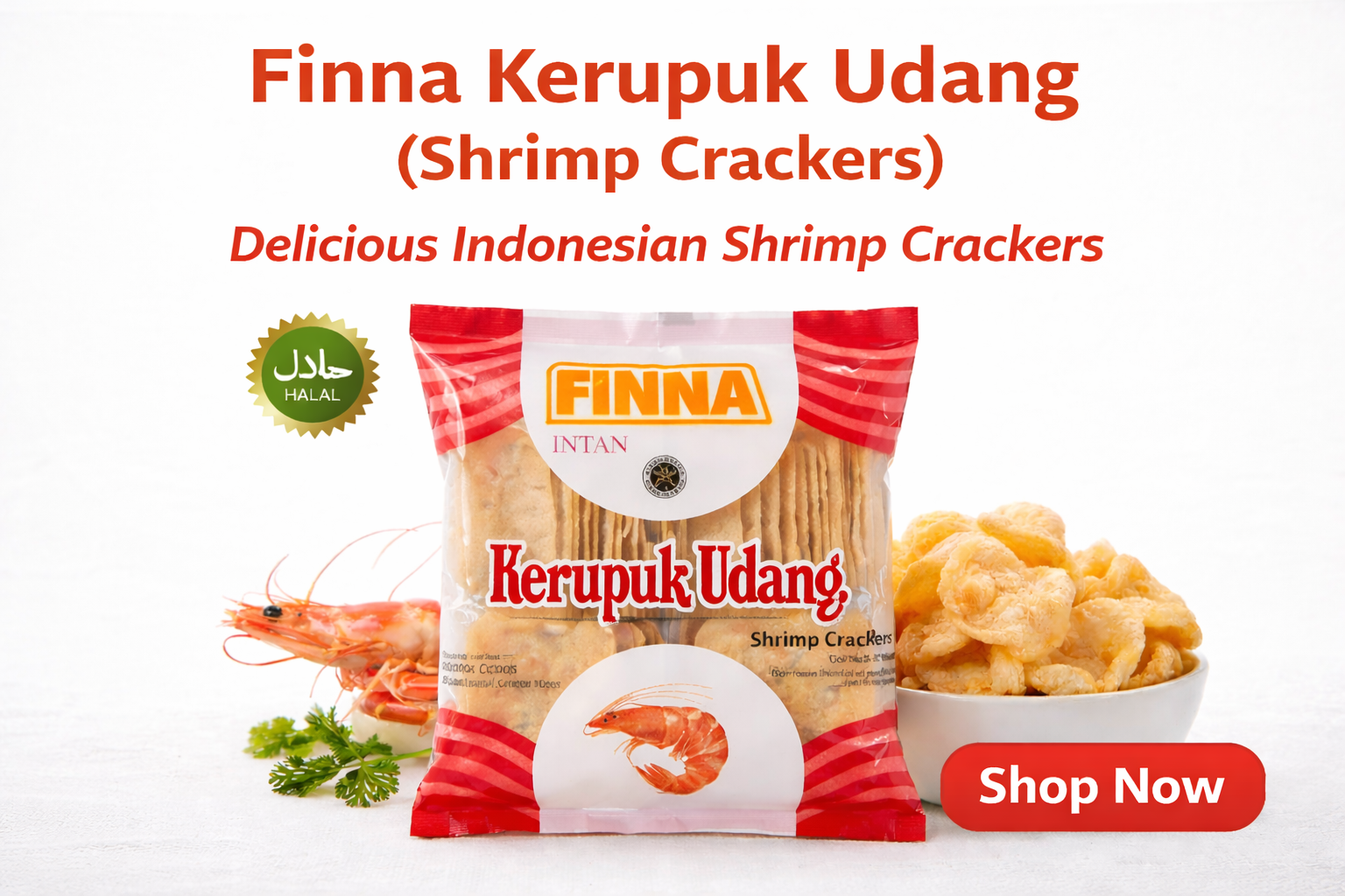 Finna shrimp crackers Indonesian snack crispy kerupuk udang with halal logo