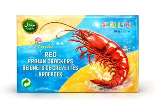Kewra Red Prawn Crackers 227g box with Halal logo, featuring a large red prawn illustration on the front