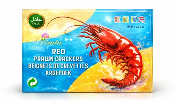 Kewra Red Prawn Crackers 227g box with Halal logo, featuring a large red prawn illustration on the front