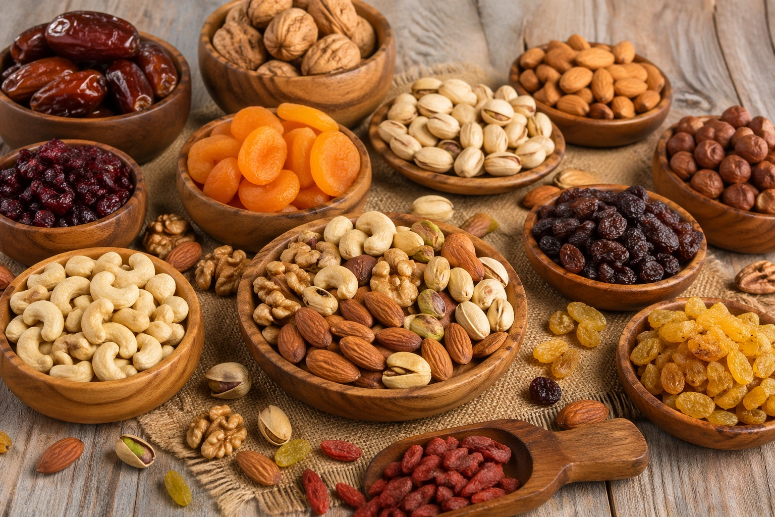 Fresh assorted healthy nuts and dried fruits arranged in a wooden bowl for daily nutrition