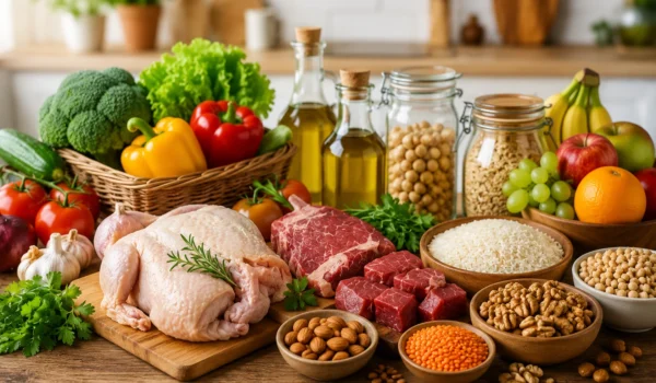 Healthy halal foods with fresh meat vegetables rice and family grocery products
