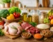 Healthy halal foods with fresh meat vegetables rice and family grocery products