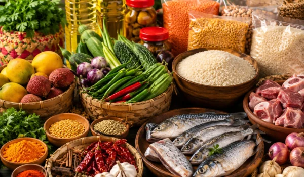 Authentic Bangladeshi foods including rice, fish, spices, vegetables, snacks, and halal groceries at AA Halal Foods Japan