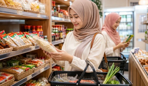 Authentic Indonesian foods including Indomie noodles, ABC sauce, tempe chips, fish balls, and frozen vegetables at AA Halal Foods Japan