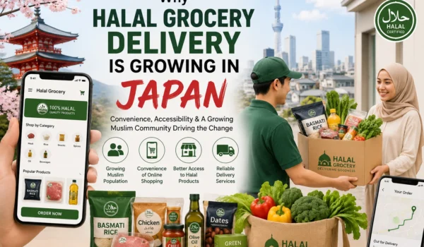 Online halal grocery delivery in Japan showing packaged halal food products and fresh groceries for Muslim consumers ordering online