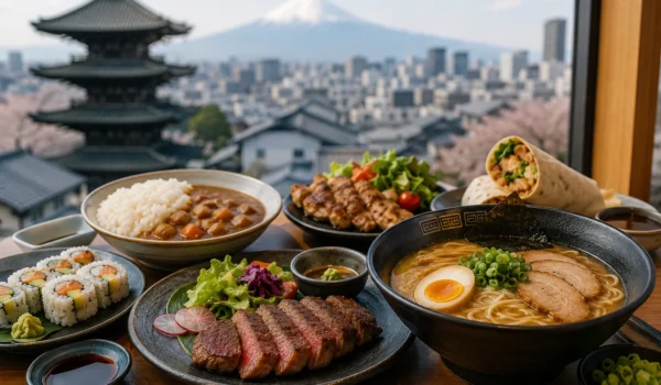 Muslim-friendly halal food options in Japan including ramen, sushi, and wagyu served in Tokyo restaurant setting